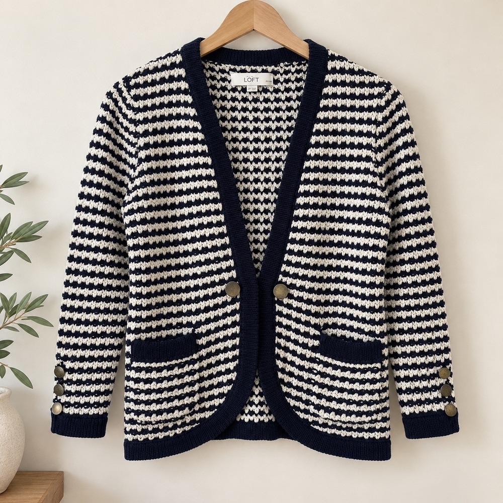 LOFT Ann Taylor Navy Cream Striped Cotton Knit Cardigan Sweater MP Petite